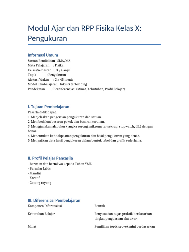 Modul Ajar Dan RPP Fisika Pengukuran | PDF