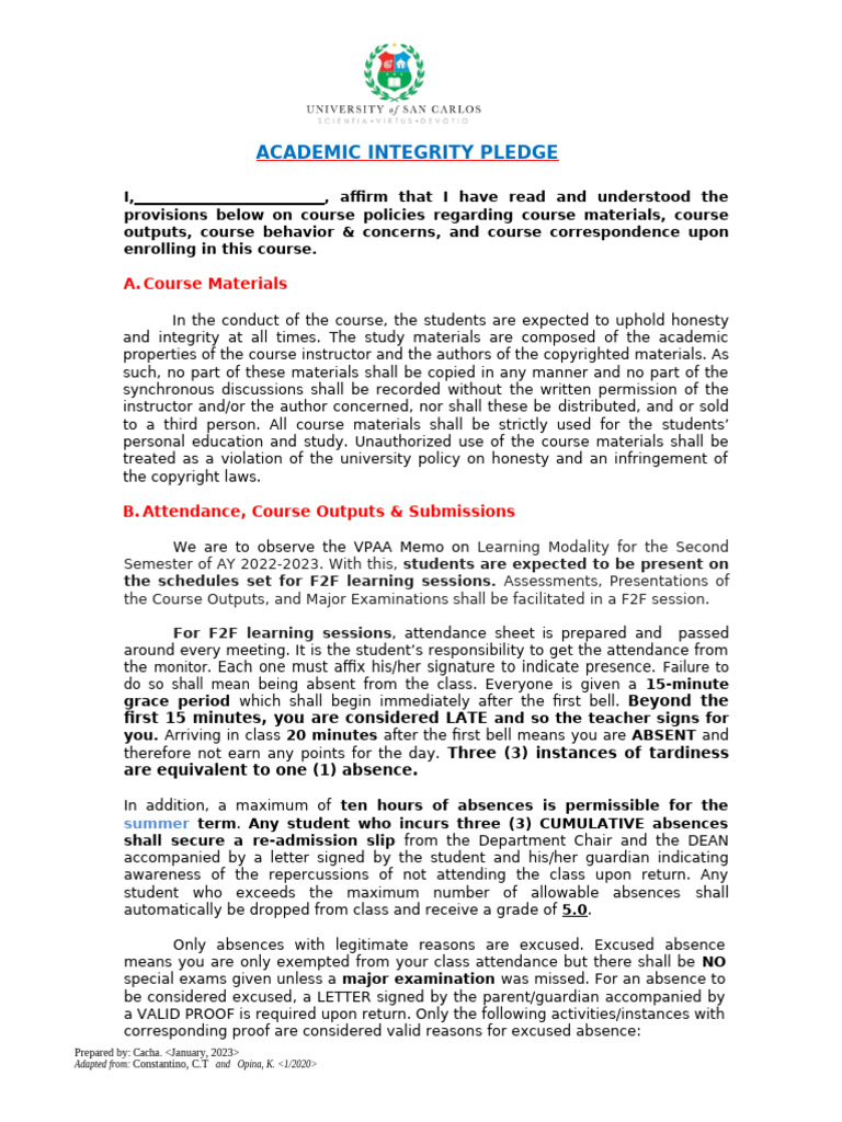 Academic Integrity and Course Policies | PDF