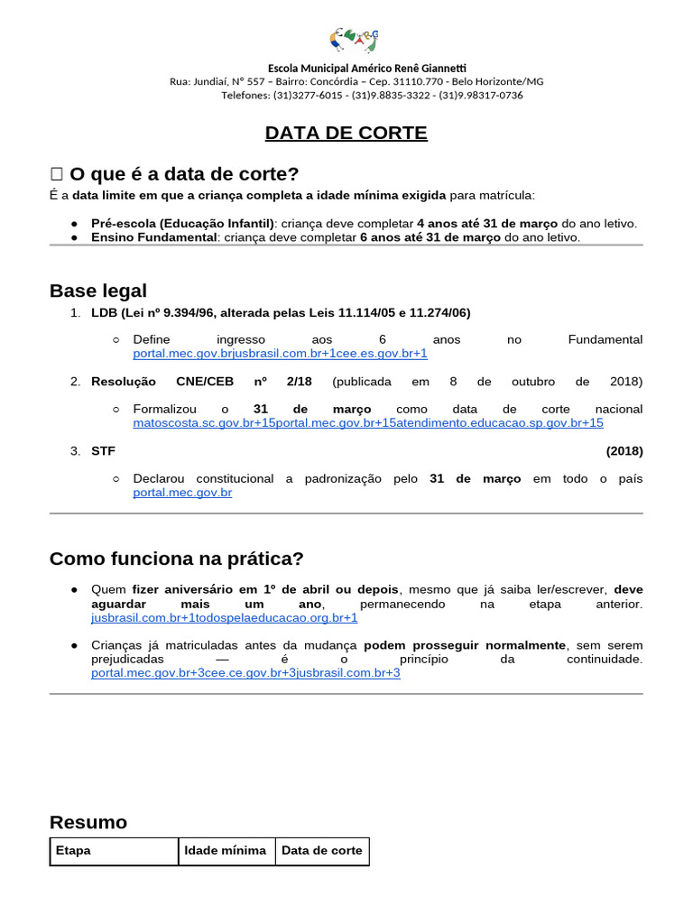 Data de Corte na Educação Infantil | PDF | Pré-escola | Educação primária