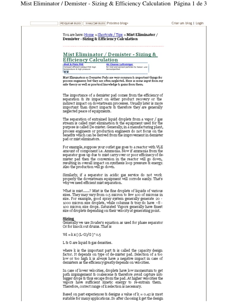Demister Pad Sizing & Efficiency Guide | PDF | Aerosol | Drop (Liquid)