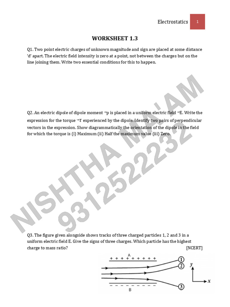 Electrostatics Worksheet Questions | PDF | Electric Field | Dipole
