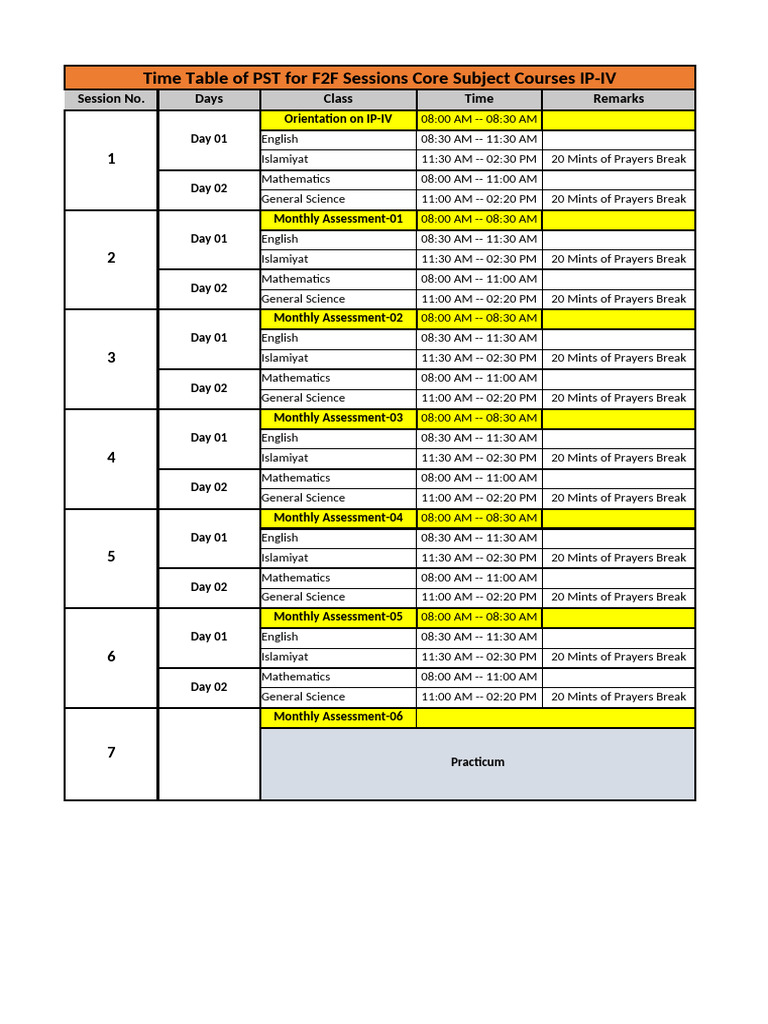 Time Table For f2f CSC Ip-IV | PDF
