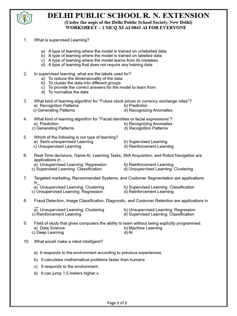 AI Learning Worksheet for Class 11 | PDF | Machine Learning ...