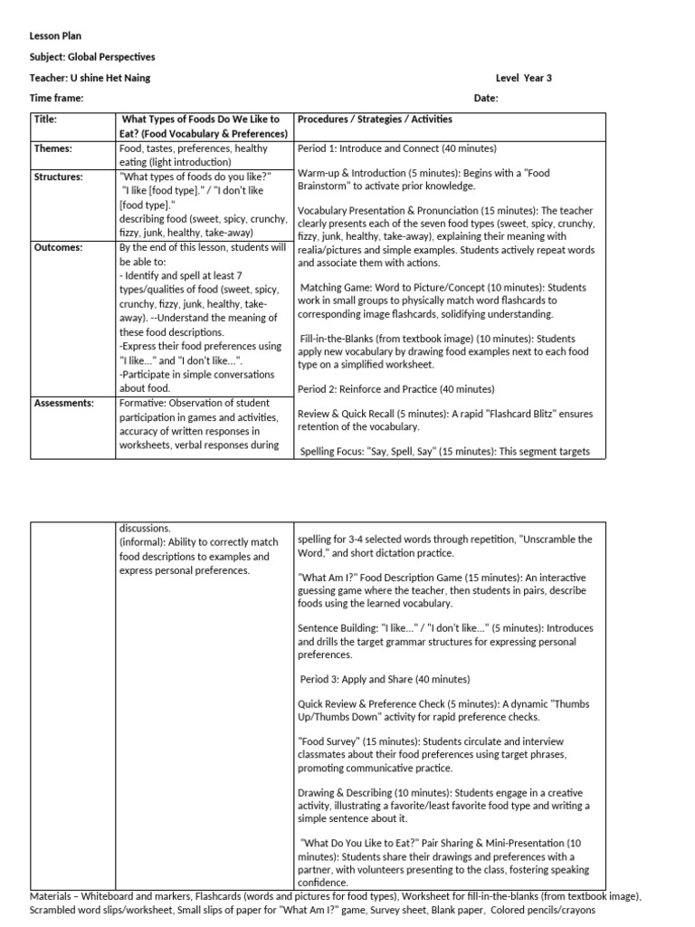 Year 3 Food Vocabulary Lesson Plan | PDF | Vocabulary | Flashcard