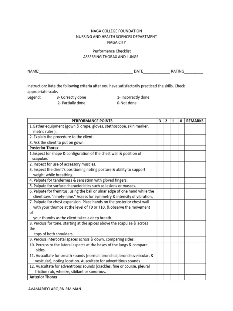 Thorax and Lungs Assessment Checklist | PDF | Thorax