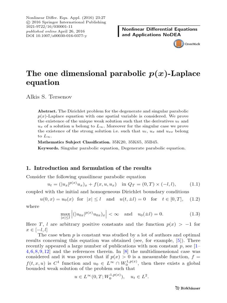 The One Dimensional Parabolic - Laplace Equation: Alkis S. Tersenov ...