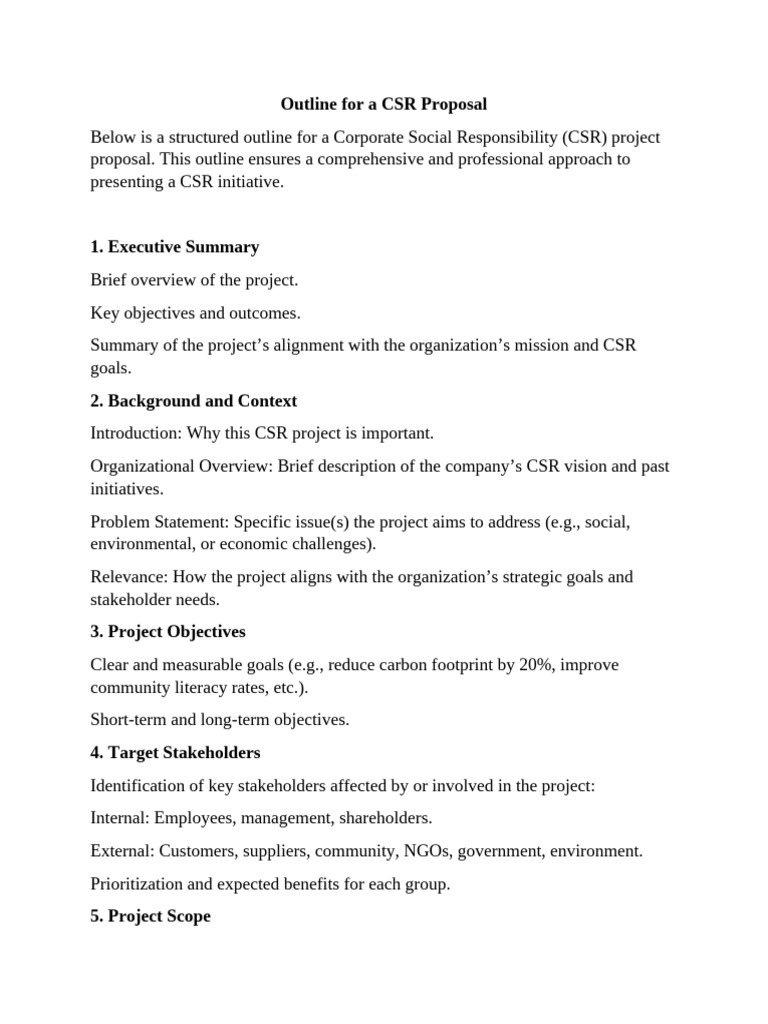 CSR Project Proposal Outline | PDF | Corporate Social Responsibility ...