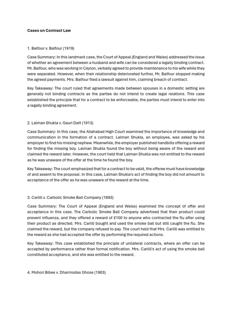 Key Contract Law Cases Explained | PDF | Offer And Acceptance ...