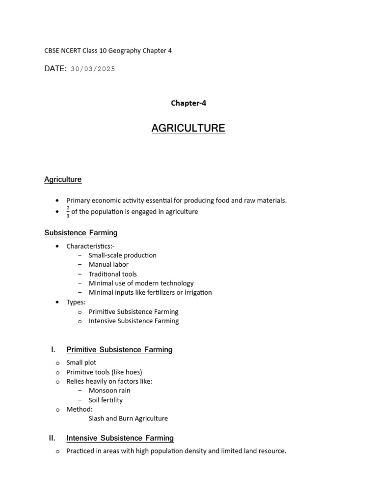 Notes Class 10 CBSE NCERT Geography Chapter-4 Agriculture | PDF ...