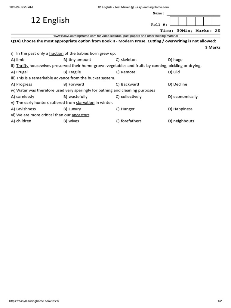 12th Grade English Test Questions | PDF