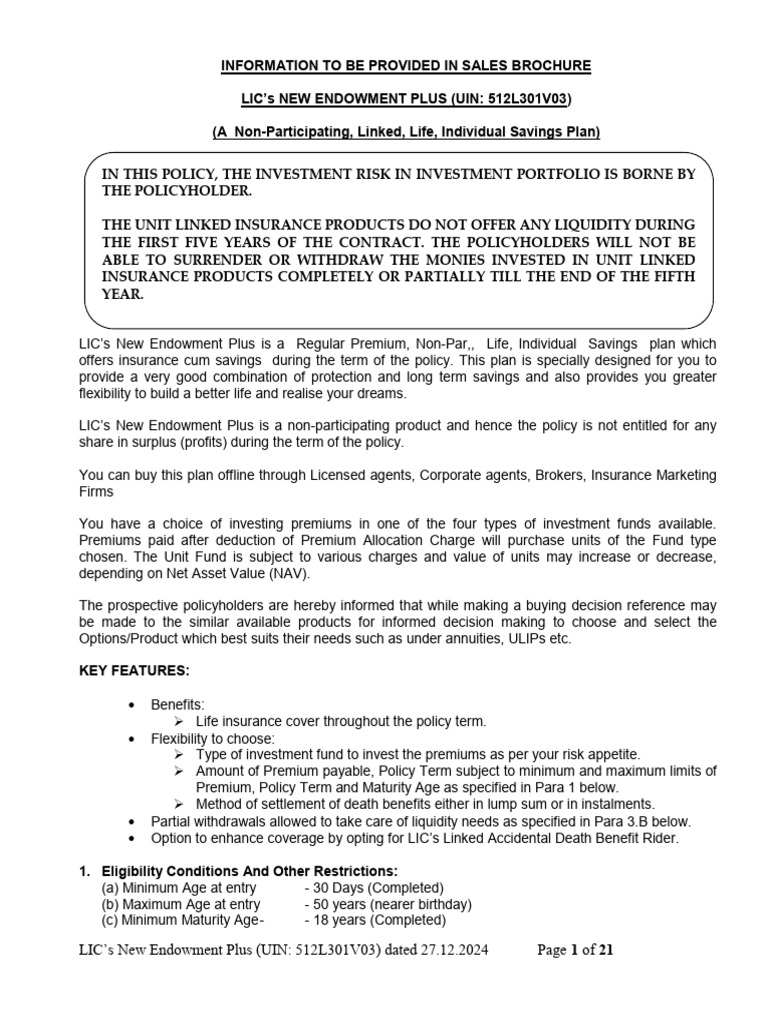 LIC New Endowment Plus Plan Details | PDF | Insurance | Life Insurance