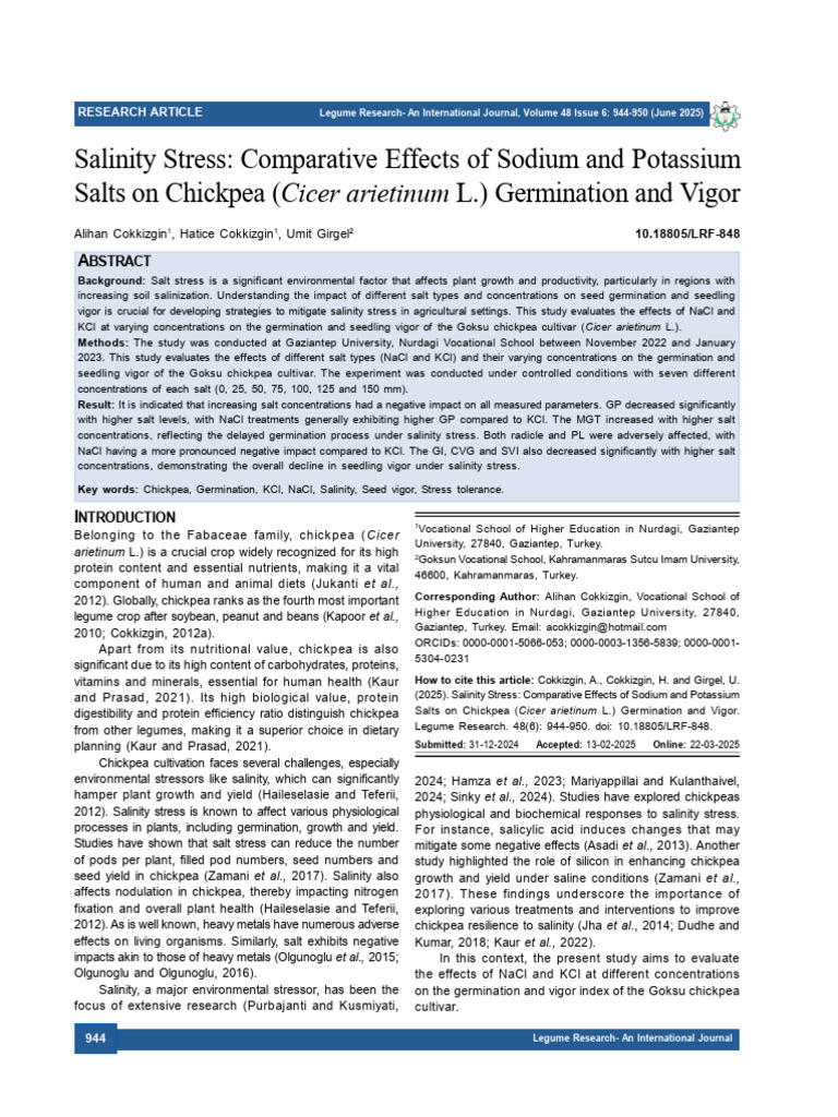 Salinity Stress Comparative Effects of S | PDF | Chickpea | Germination