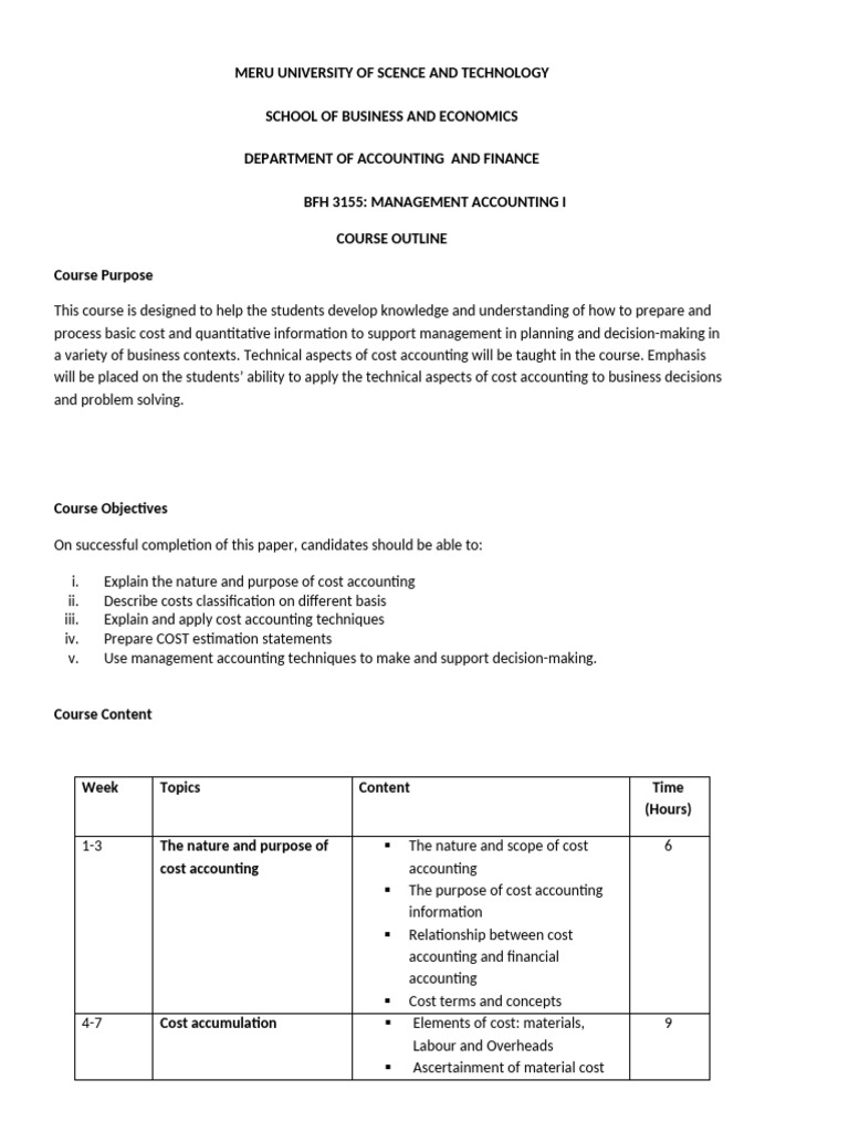 Management Accounting I Course Outline | PDF | Financial Accounting ...