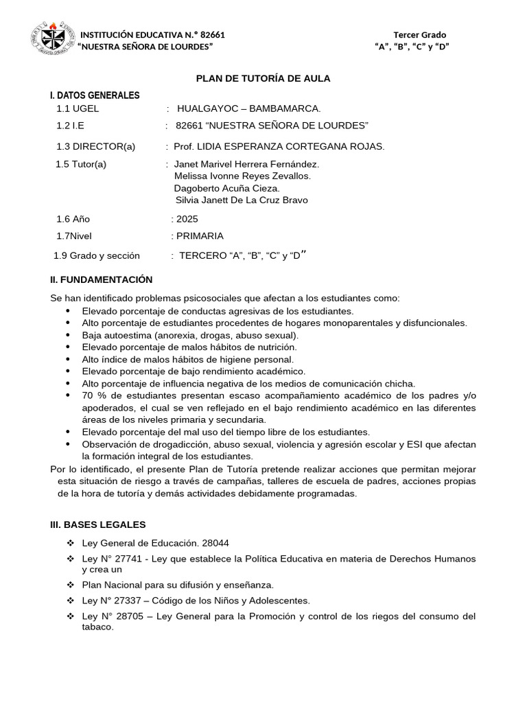 Plan de Tutoría para Tercer Grado 2025 | PDF | Salón de clases ...