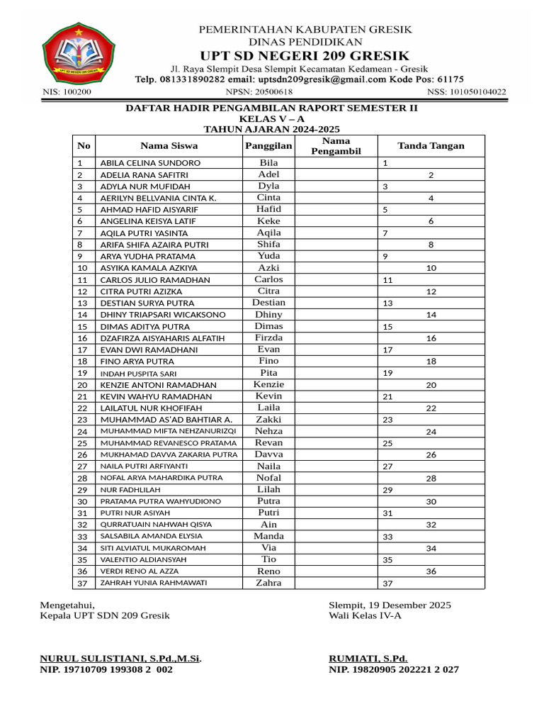 Daftar Hadir Pengambilan Raport V-A | PDF