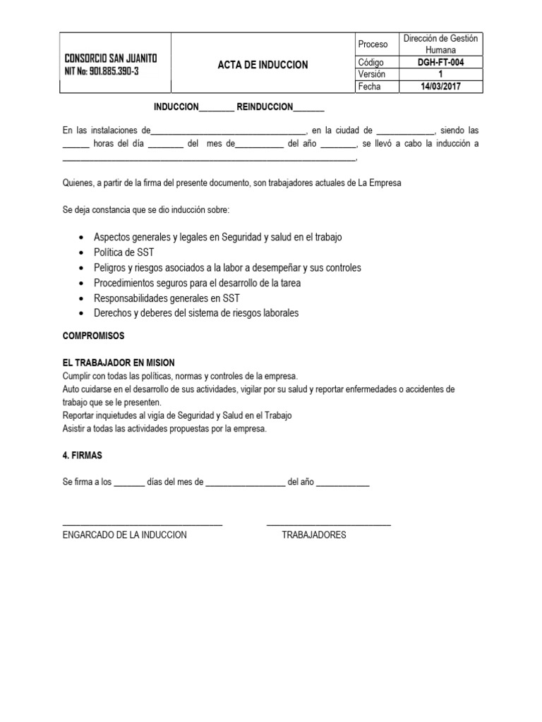 Acta de Inducción Laboral SST | PDF