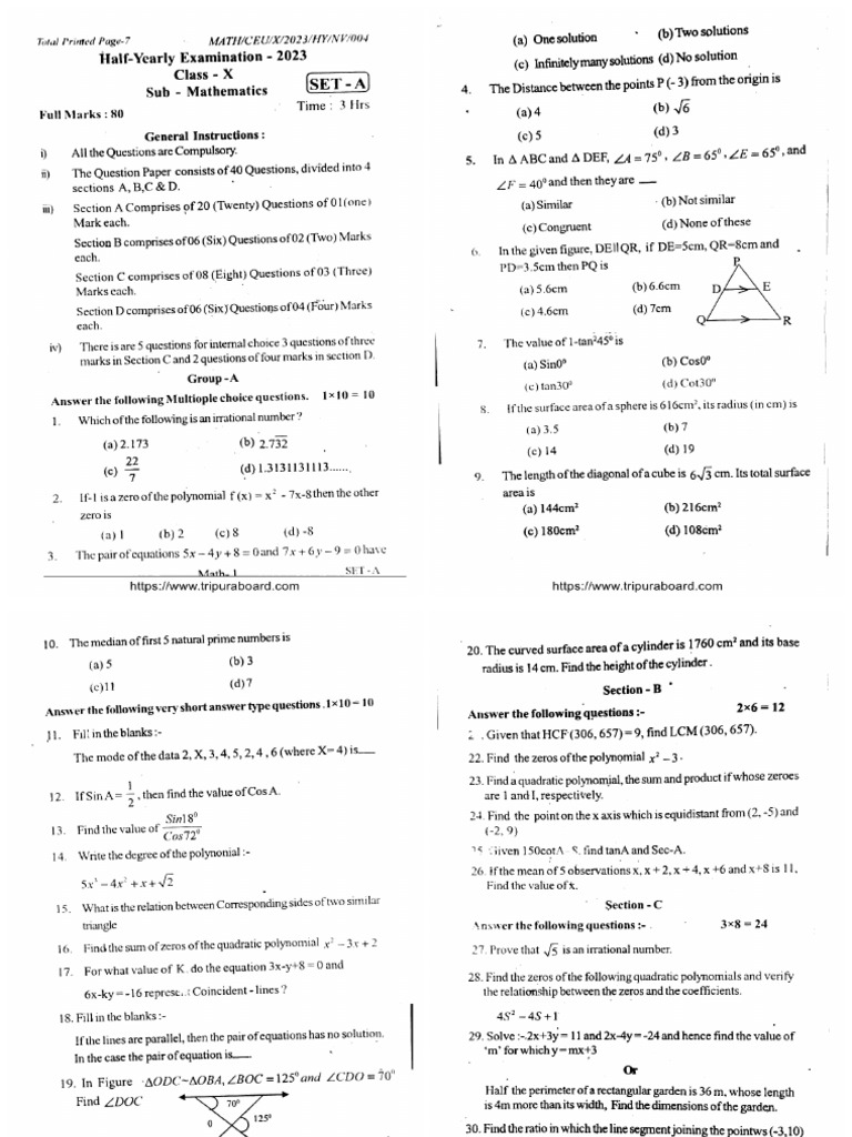 Tbse Class 10 Hy Mathematics 004 Set A 080524 2023 | PDF