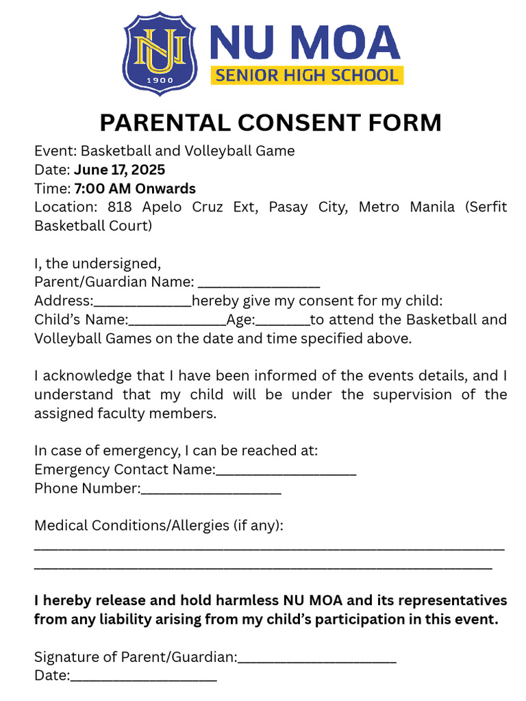 Parent Consent for Sports Event | PDF