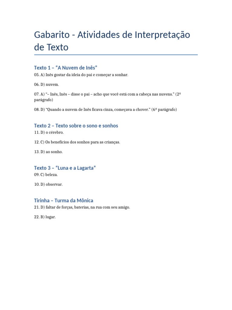 Gabarito de Interpretação 2º Ano | PDF