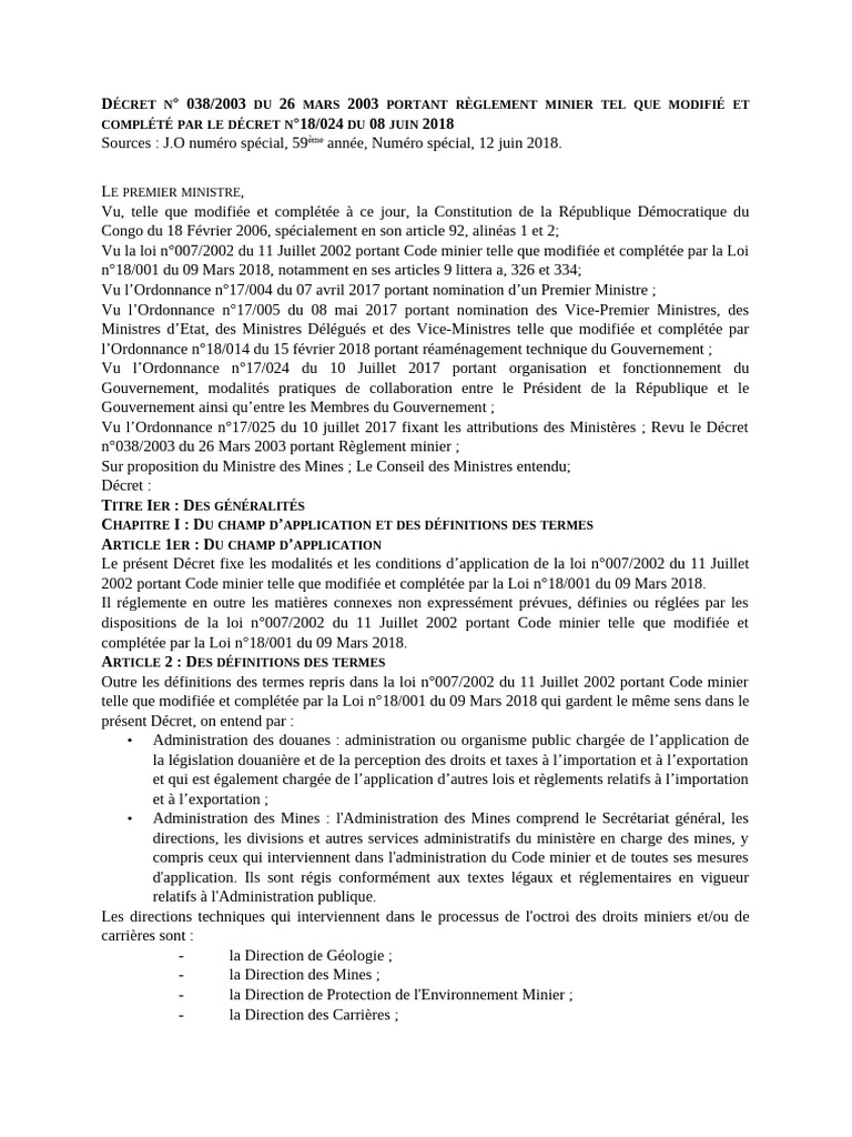 Règlement minier en RDC - Décret 2003 | PDF | Exploitation minière | Loi