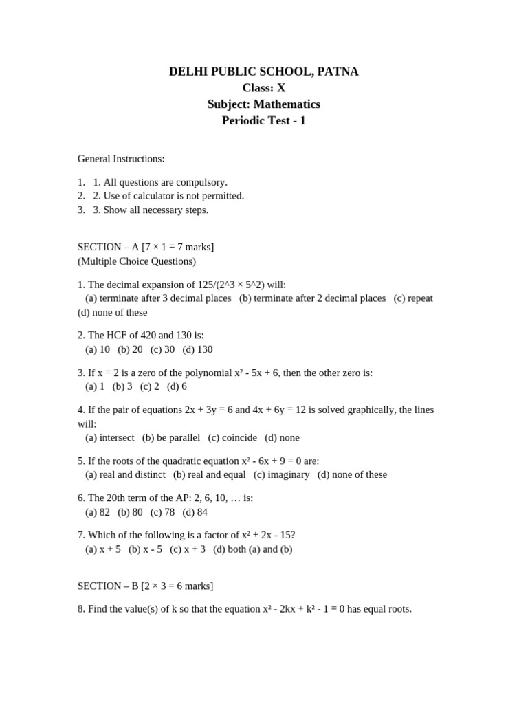 Class X Math Periodic Test 1 Guide | PDF