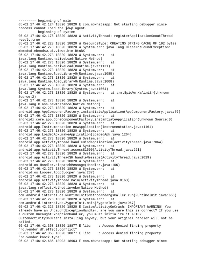 Debugging Errors in MBWhatsApp Logs | PDF | Java (Programming Language ...