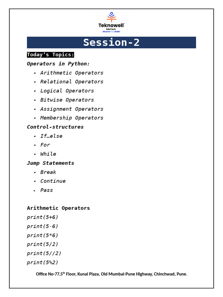 Session-2 Operators If... Else Loops | PDF | Numbers | Elementary ...
