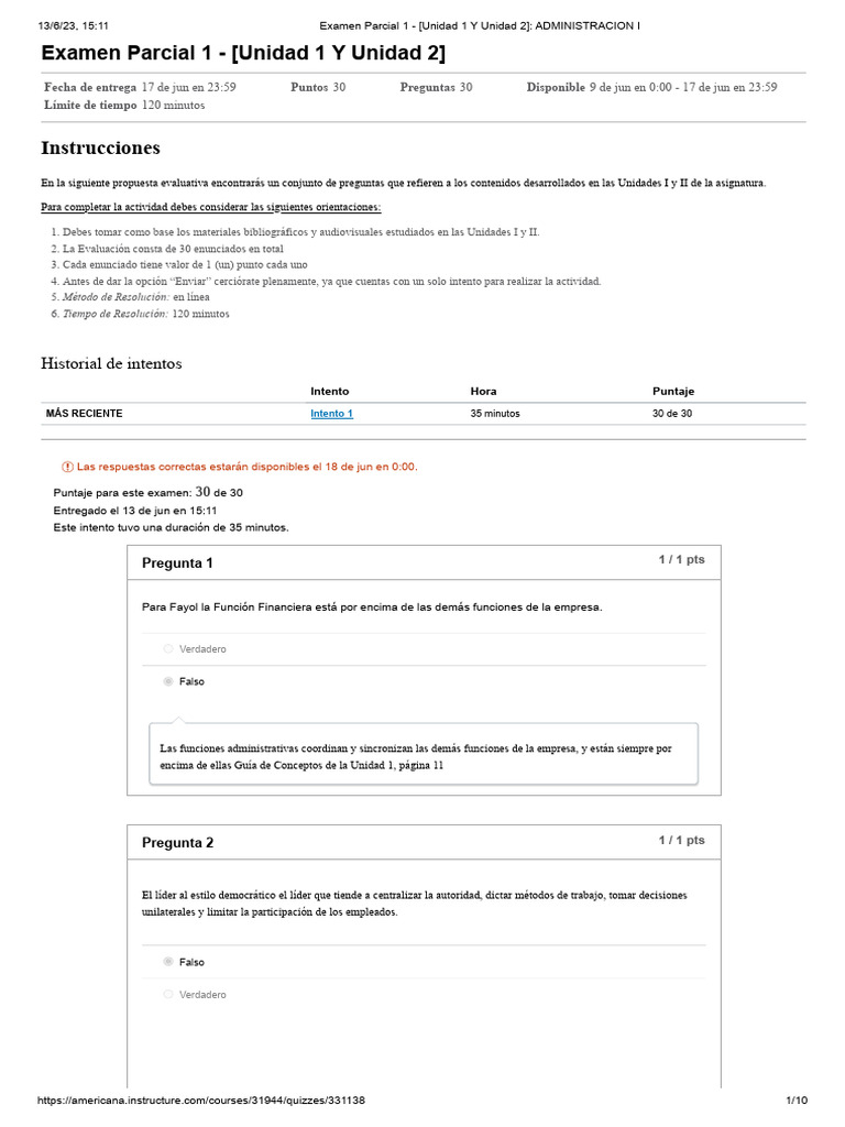 Examen Parcial 1 - (Unidad 1 Y Unidad 2) - ADMINISTRACION I | PDF ...