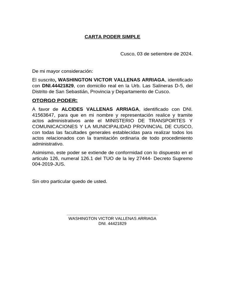 Carta Poder Simple para Trámites Administrativos | PDF