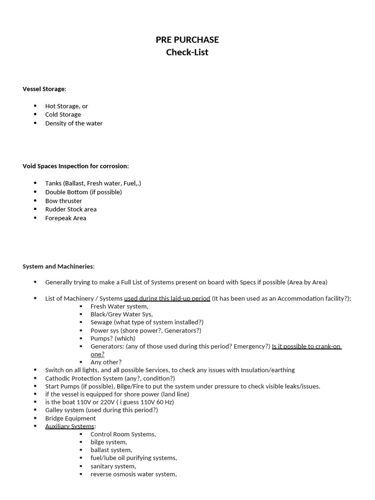 Pre-Purchase Vessel Inspection Checklist | PDF | Shipping | Ships