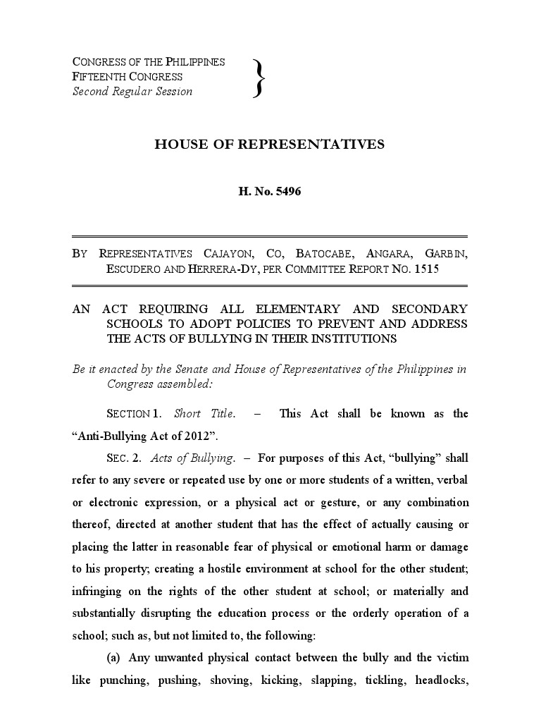 House Bill Number 5496 AntiBullying Act of 2012 PDF Bullying
