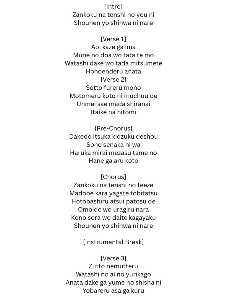 (Intro) Zankoku Na Tenshi No You Ni Shounen Yo Shinwa Ni Nare (Verse 1 ...