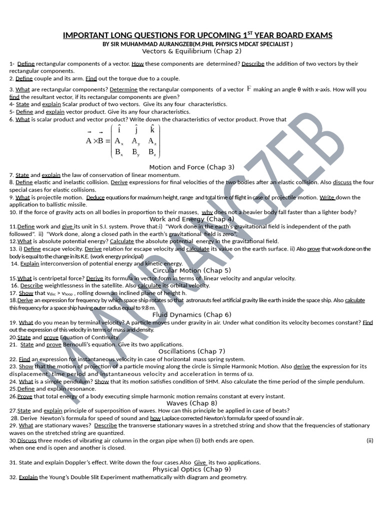 Important Long Questions for 1st Year Physics | PDF | Velocity | Force