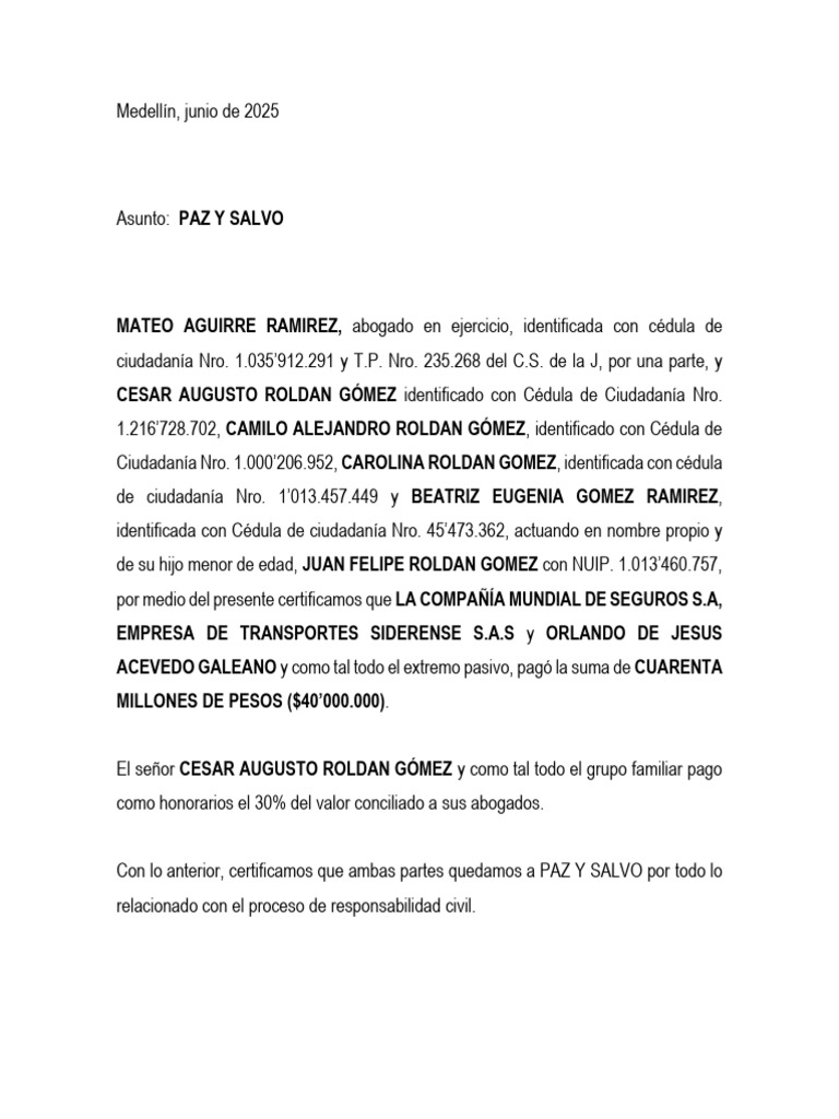 Certificación de Paz y Salvo Legal | PDF