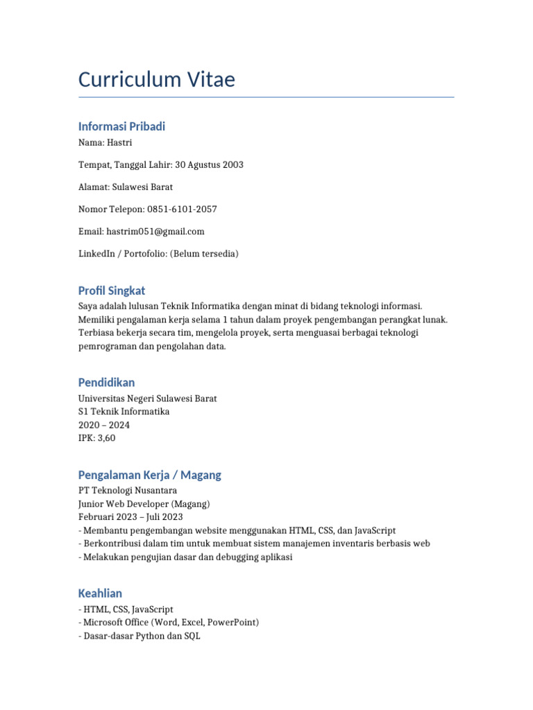CV Hastri: Lulusan Teknik Informatika | PDF