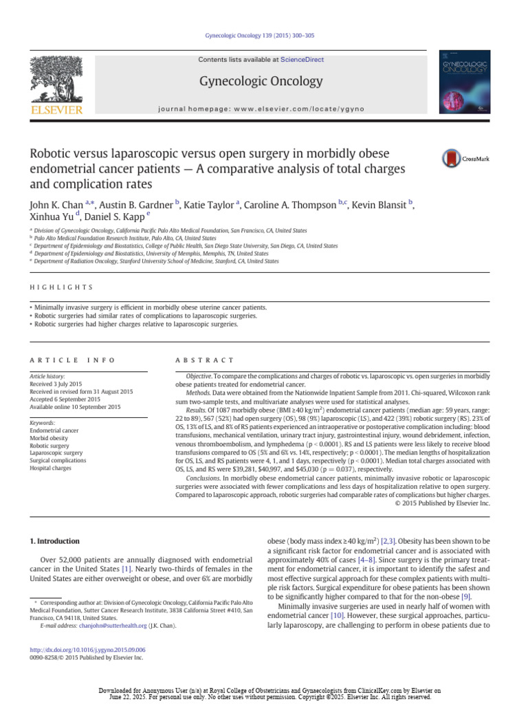 Robotic vs. Laparoscopic Surgery Costs in Obese Cancer Patients | PDF ...
