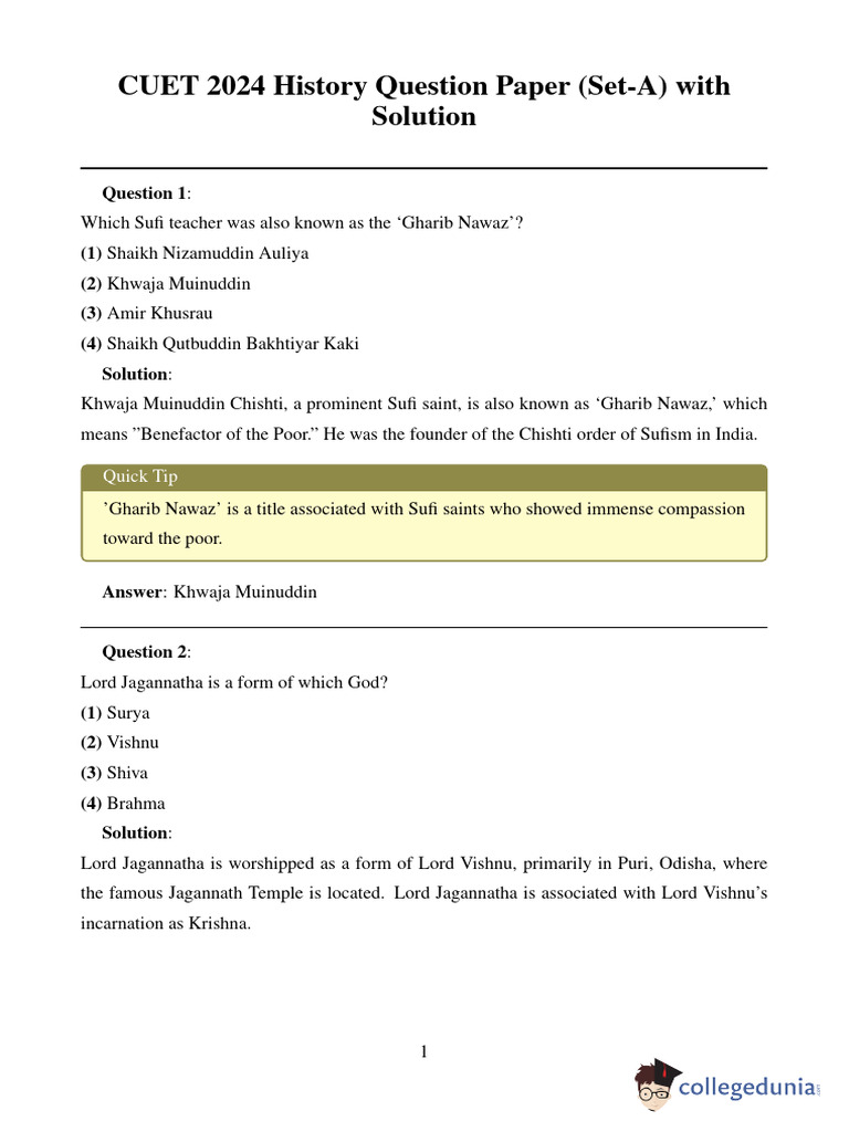 CUET 2024 History Question Paper Set A With Solution | PDF | Indian ...