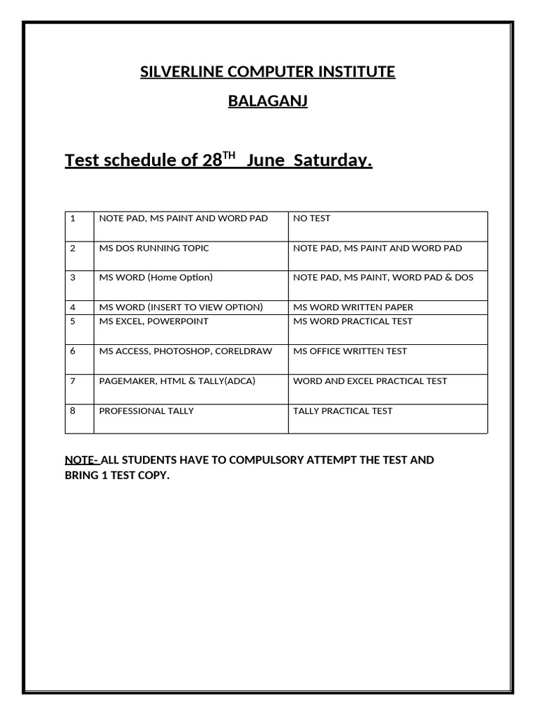 Silverline Computer Institute Test Schedule | PDF