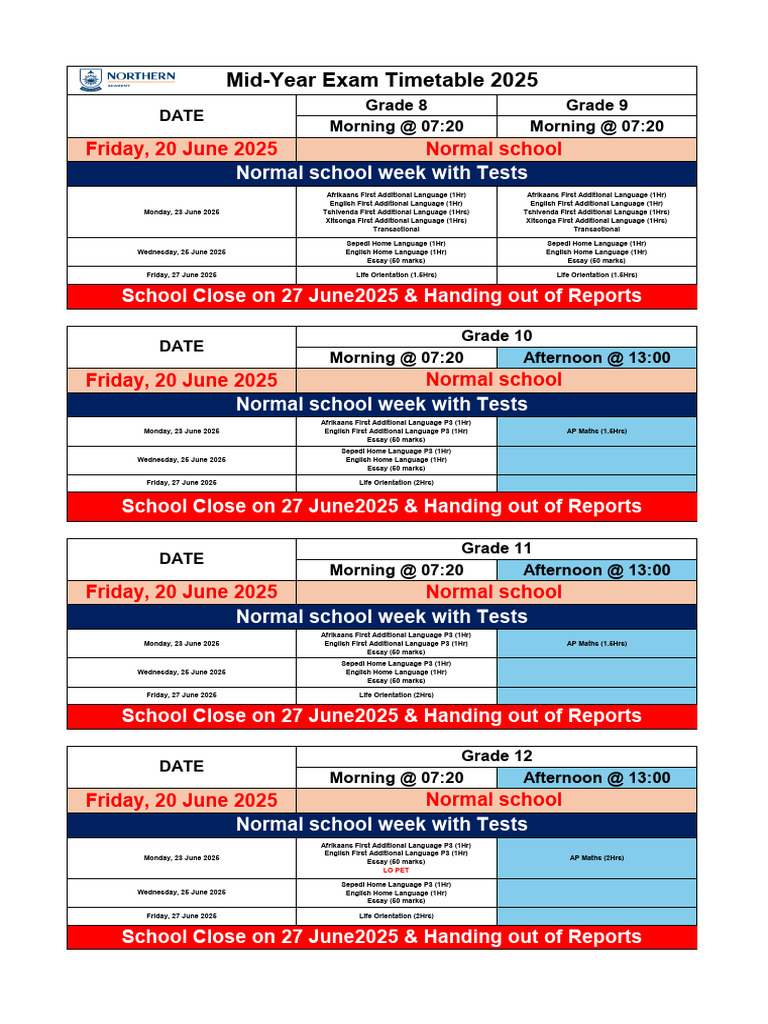 Mid-Year Exam Schedule 2025 | PDF | Educational Stages | Languages Of ...