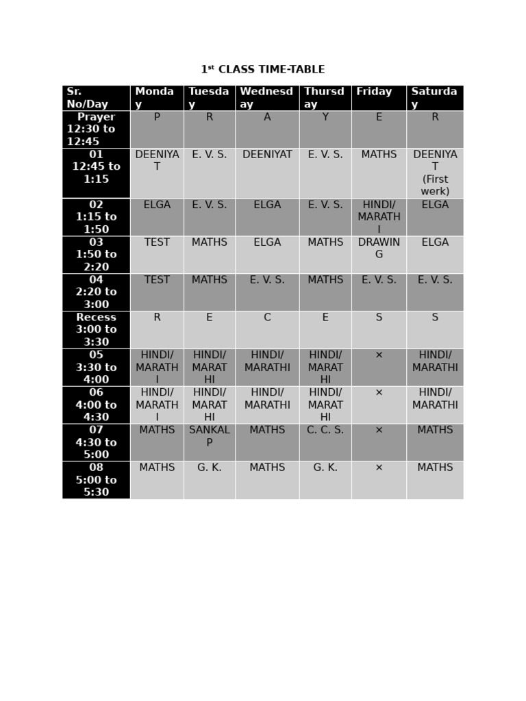 1st Class Weekly Time Table | PDF