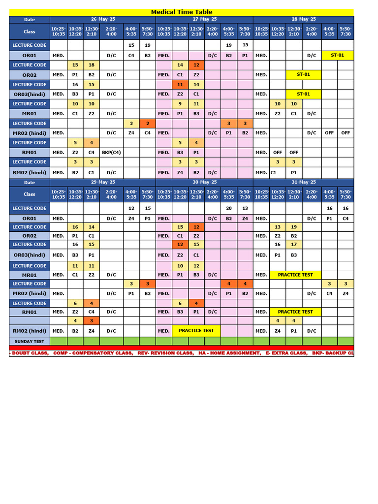 Medical Time Table 26 May To 01 June | PDF