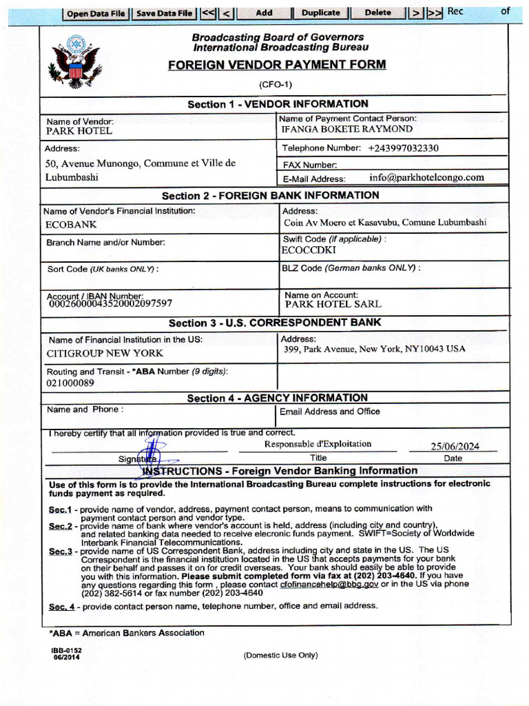 Park Hotel - Foreign Vendor Payment Form - 0001 | PDF