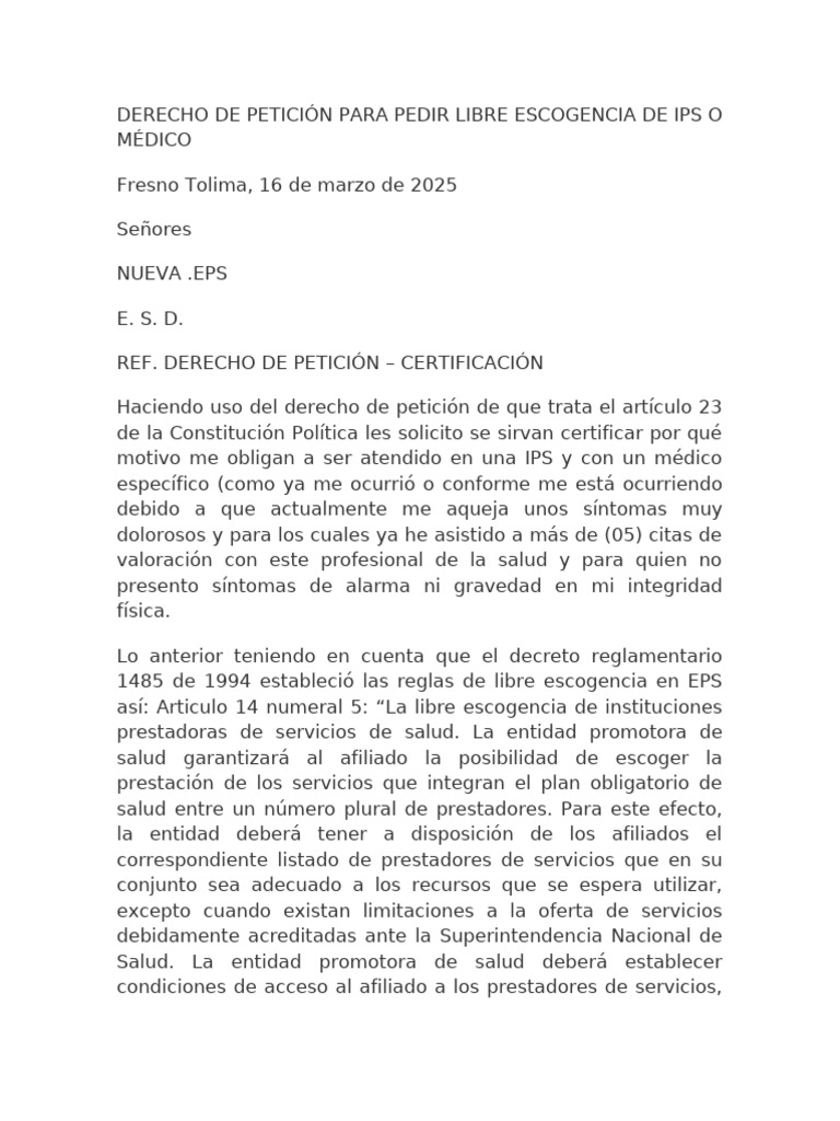 DERECHO DE PETICION PARA PEDIR LBRE ESCOGENCIA DE EPS O MEDICO John ...