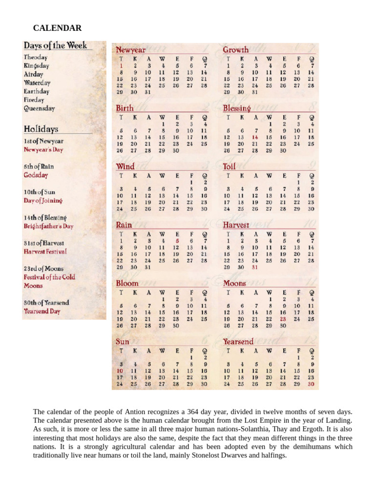 Antion's 364-Day Agricultural Calendar | PDF | Dwarf (Dungeons ...