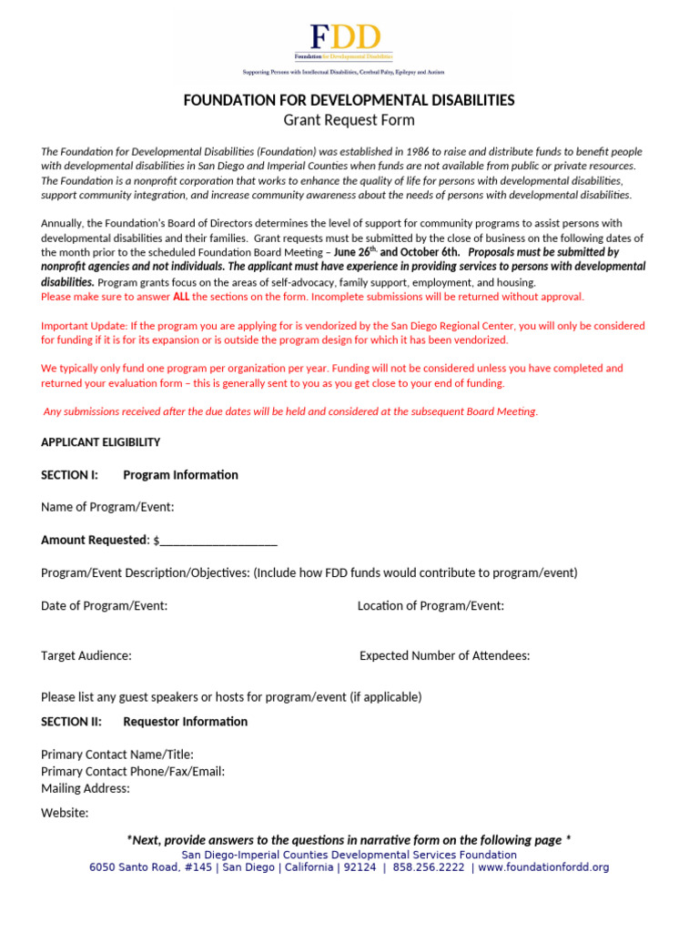 Grant Request Form for Developmental Disabilities | PDF | Budget