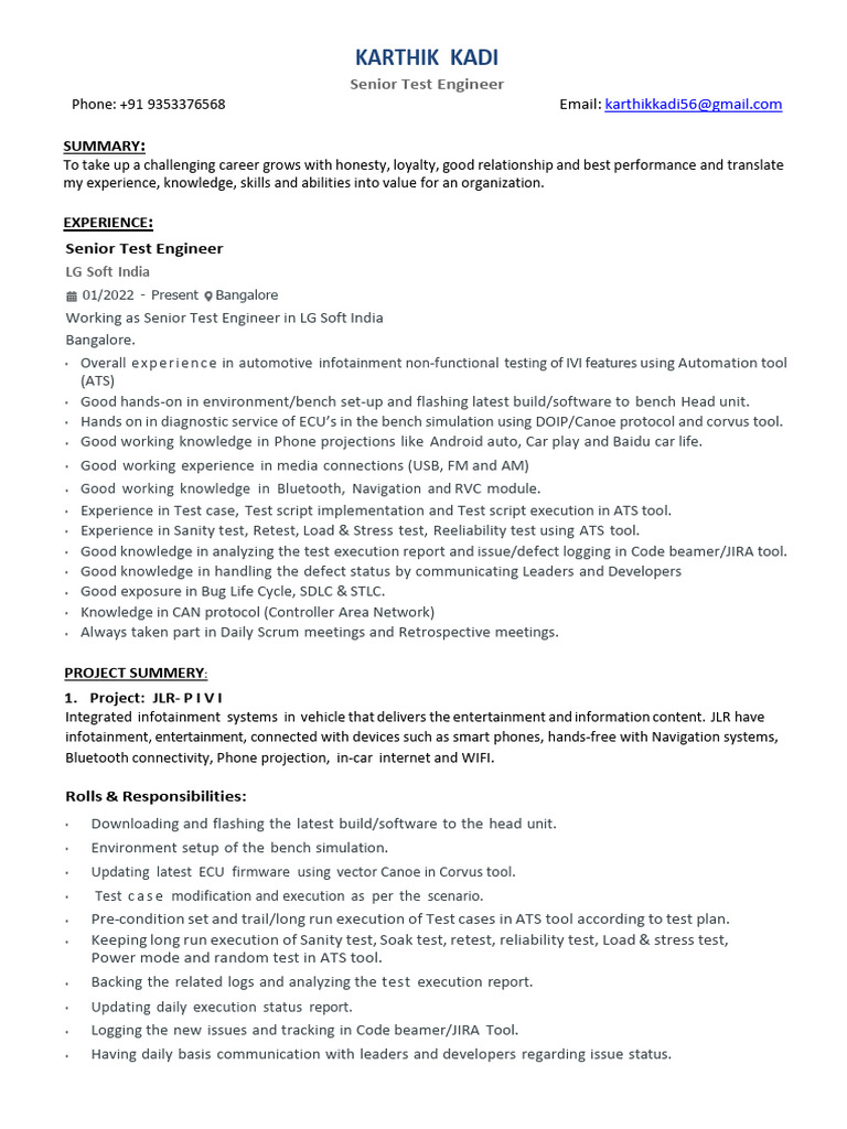Senior Test Engineer at LG Soft India | PDF | Software | Computer Science