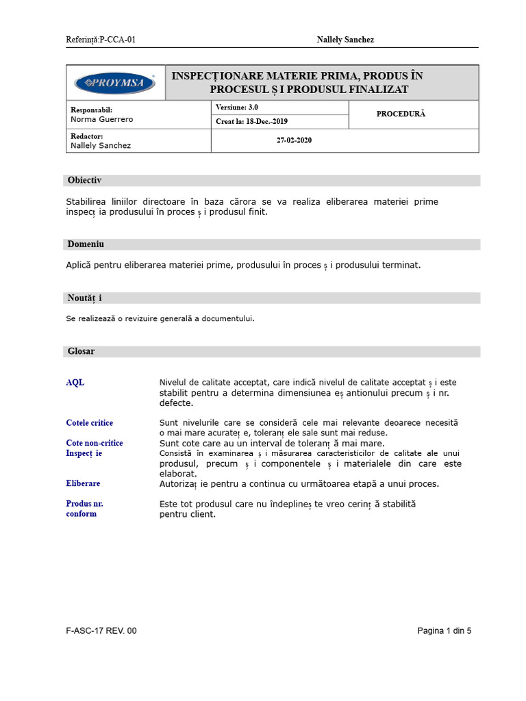 P-CCA-01 INSPECTAREA MATERIEI PRIME, PRODUSULUI ÎN PROCES ȘI PRODUSULUI ...