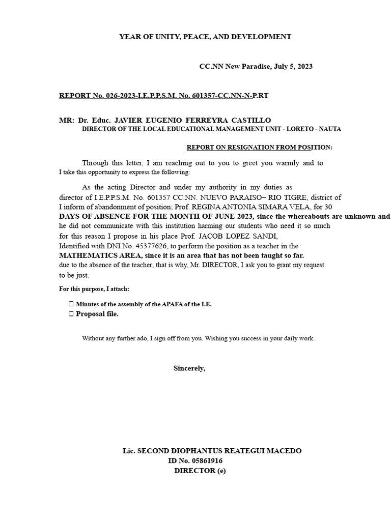 Resignation Report and Teacher Proposal | PDF