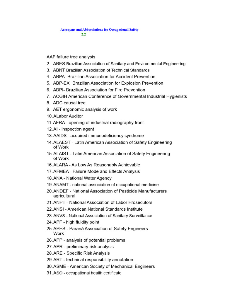 Acronyms and Abbreviations For Occupational Safety | PDF | Occupational ...