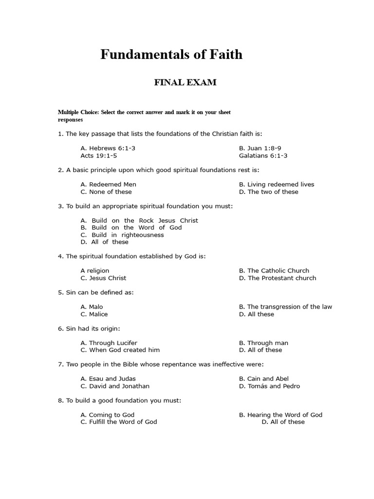 Christian Faith Final Exam Questions | PDF | Baptism | Spiritual Gift